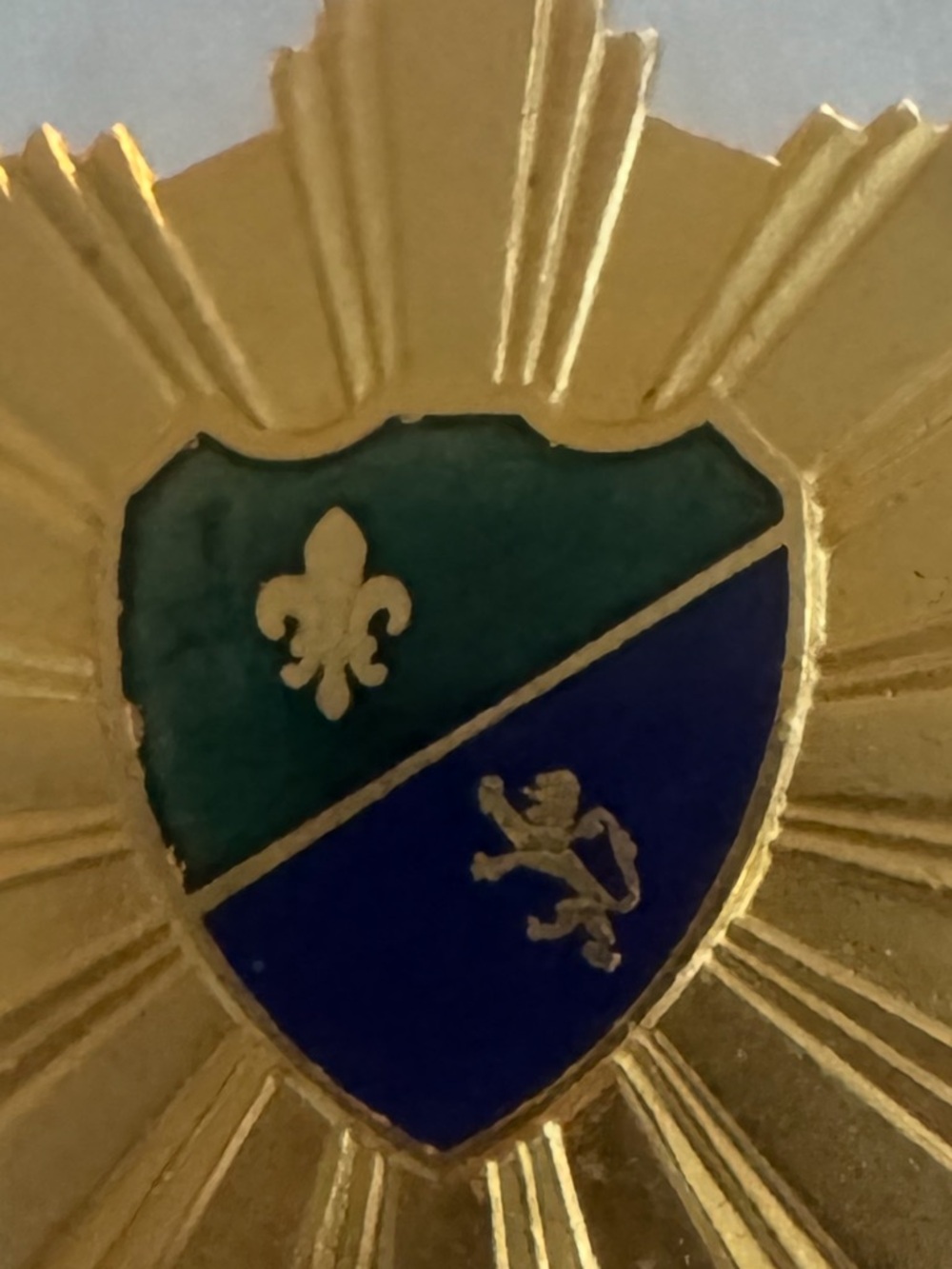 Gold-Tone Shield Brooch with Green and‎ Blue Enamel Crest